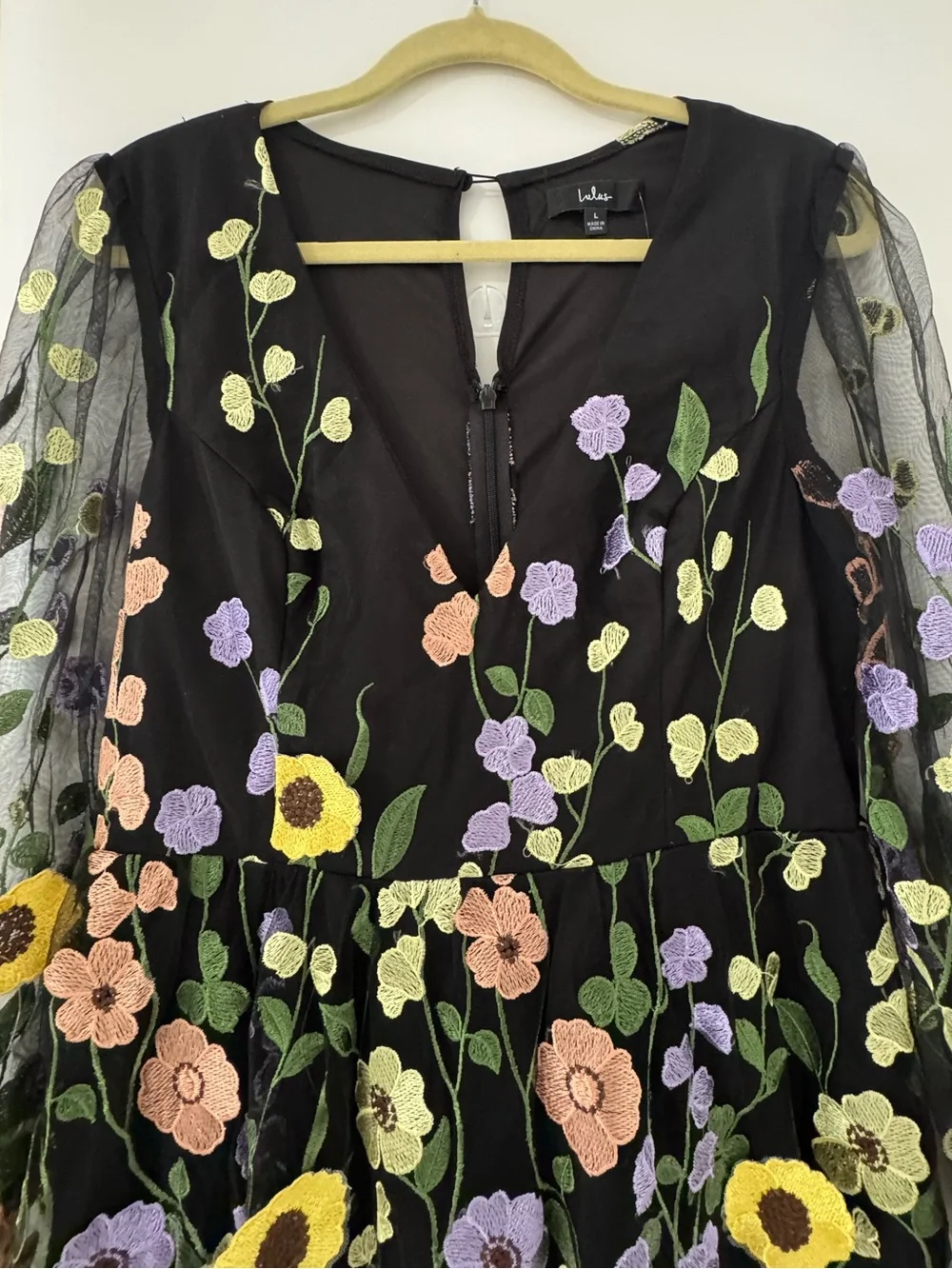 Lulus Floral Embroidered Long Sleeve Midi Dress Black Size L - Picture 5 of 8